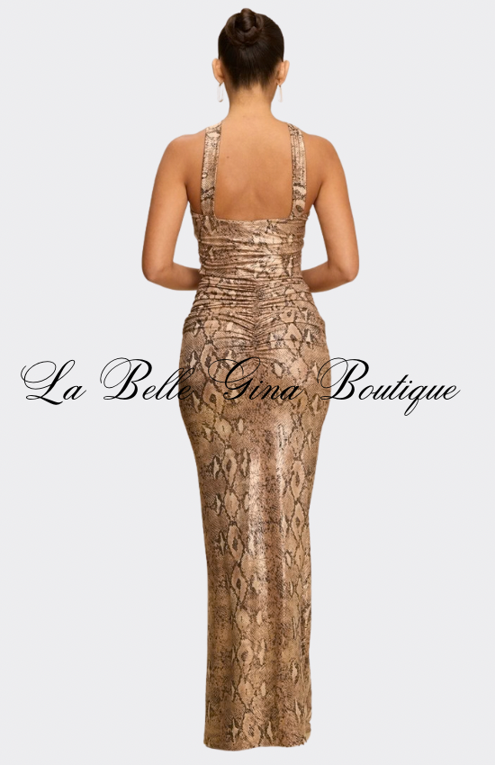Golden Halter Maxi Dress – Luxury Bodycon Evening Gown for Women | La Belle Gina Boutique