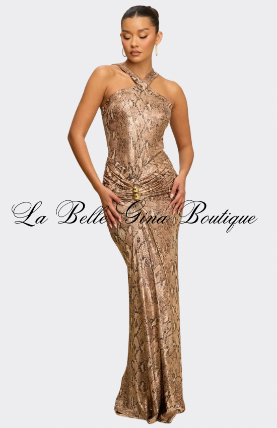 Golden Halter Maxi Dress – Luxury Bodycon Evening Gown for Women | La Belle Gina Boutique