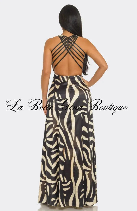 Savannah Luxe Zebra Print Strappy Back Maxi Dress | Sexy Open Back Animal Print Gown