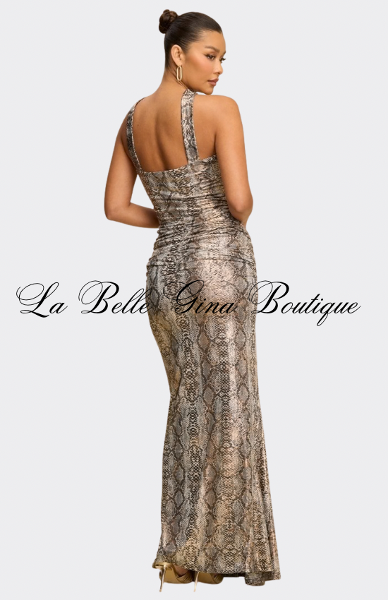 Golden Halter Maxi Dress – Luxury Bodycon Evening Gown for Women | La Belle Gina Boutique
