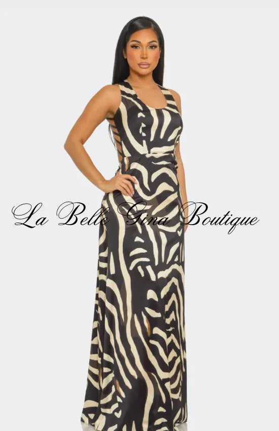 Savannah Luxe Zebra Print Strappy Back Maxi Dress | Sexy Open Back Animal Print Gown