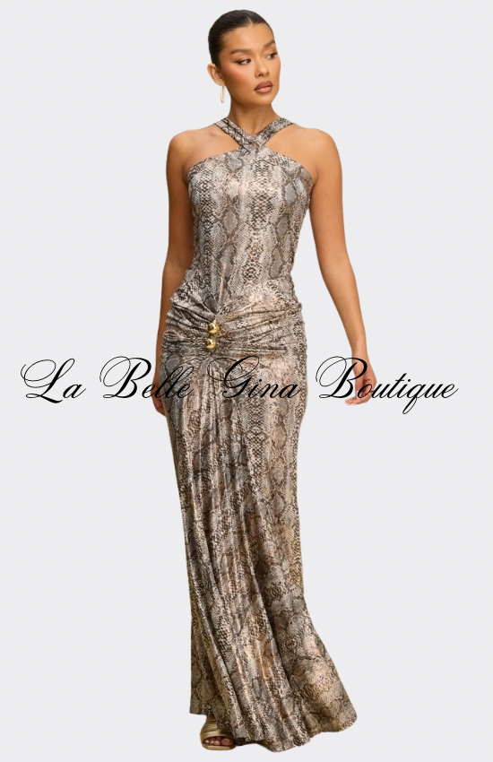 Golden Halter Maxi Dress – Luxury Bodycon Evening Gown for Women | La Belle Gina Boutique