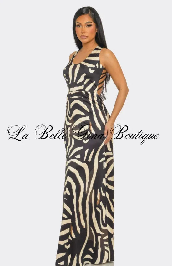 Savannah Luxe Zebra Print Strappy Back Maxi Dress | Sexy Open Back Animal Print Gown