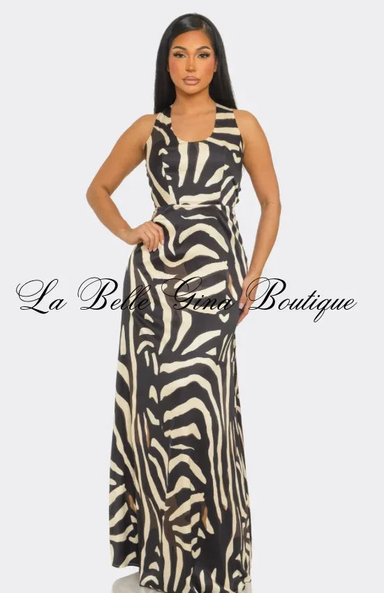 Savannah Luxe Zebra Print Strappy Back Maxi Dress | Sexy Open Back Animal Print Gown