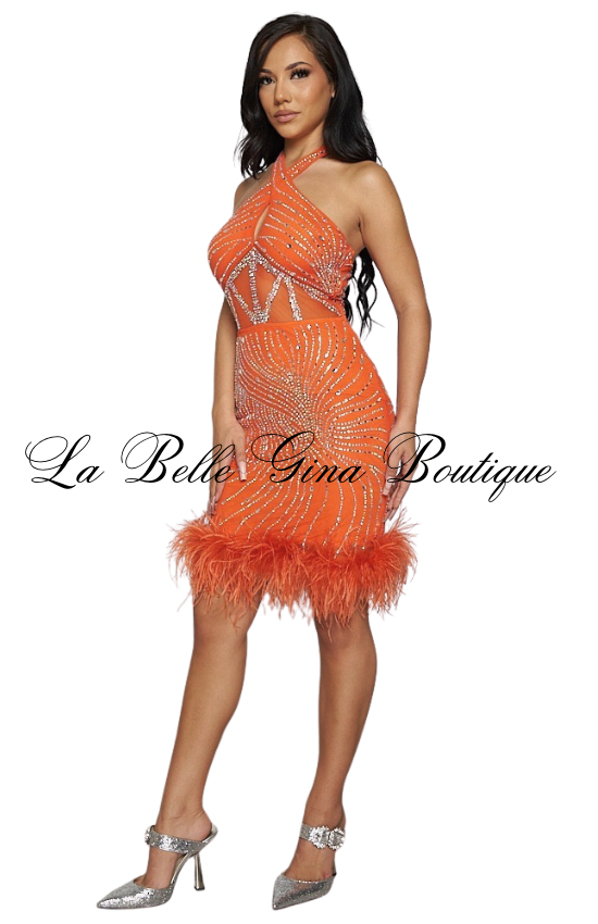 Amber Luxe Rhinestone Halter Mini Dress with Feather Hem – Glam Party Dres