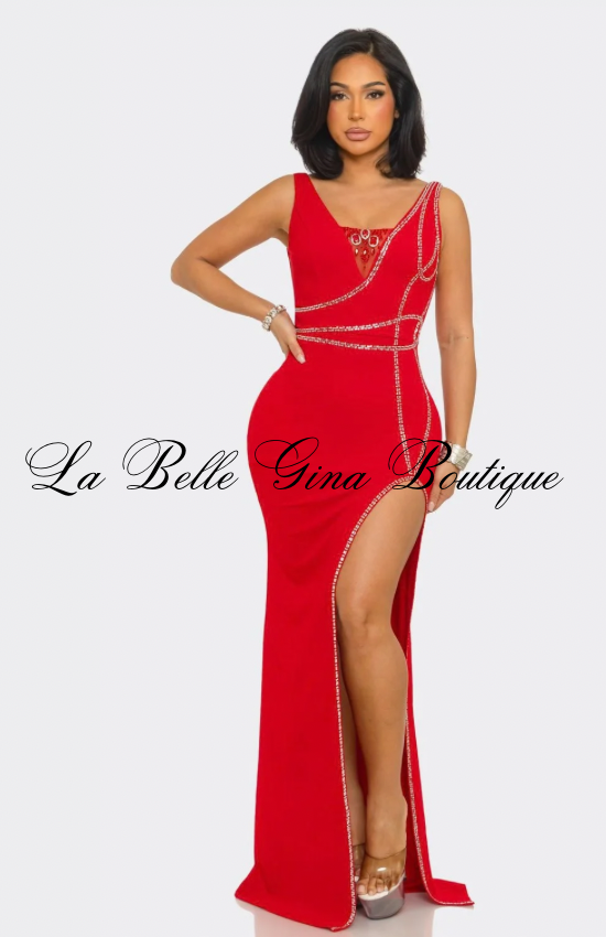 Diamond Allure Crystal Trim Maxi Dress – Elegant High Slit Evening Gown | La Belle Gina BoutiqueL