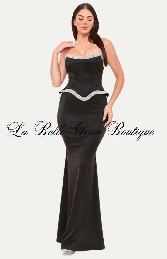 Celeste Glow Strapless Rhinestone Trim Mermaid Maxi Dress | La Belle Gina Boutique