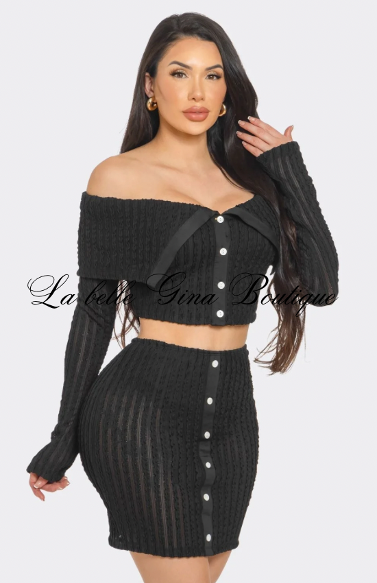 Midnight Muse Off-Shoulder Buttoned Two-Piece Mini Dress Set | Sexy Knit Skirt S
