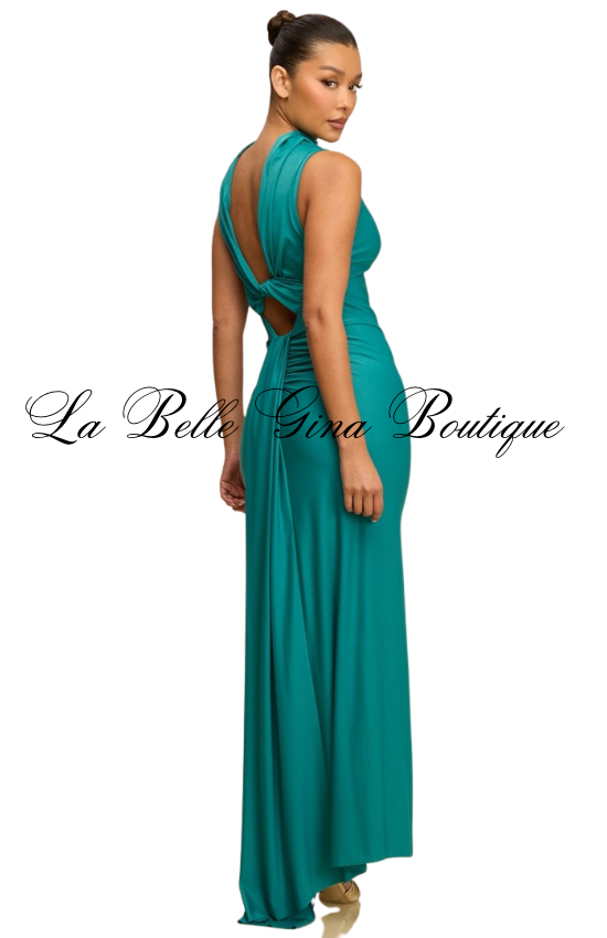 Emerald Elegance Twist Back Maxi Dress – Sleek Bodycon Open Back Evening Dress | La Belle Gina Boutique