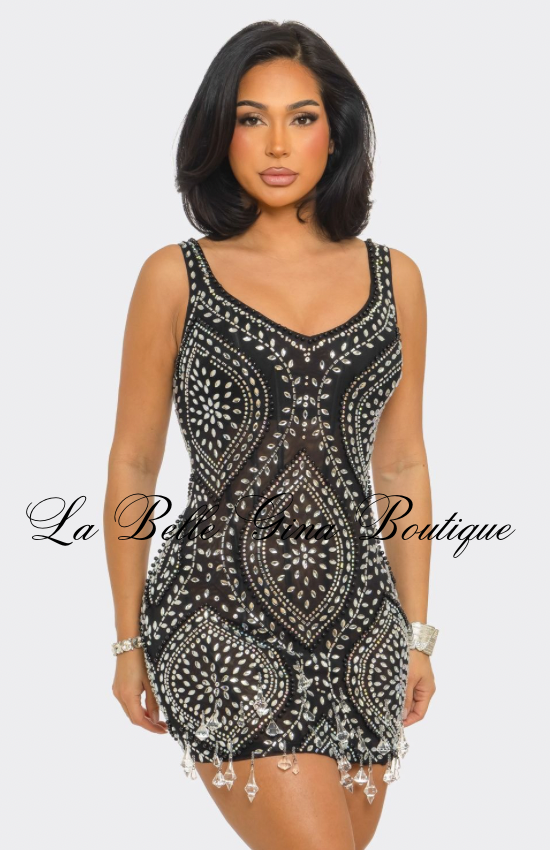 Midnight Sparkle Crystal Fringe Mini Dress | Rhinestone Bodycon Party Dress