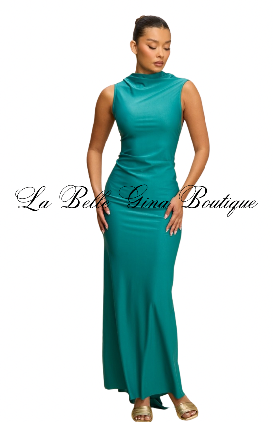 Emerald Elegance Twist Back Maxi Dress – Sleek Bodycon Open Back Evening Dress | La Belle Gina Boutique
