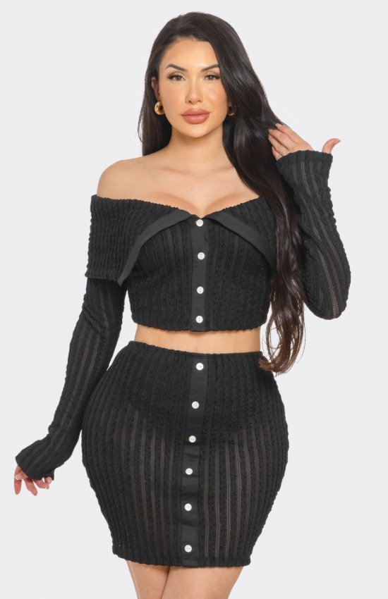Midnight Muse Off-Shoulder Buttoned Two-Piece Mini Dress Set | Sexy Knit Skirt S