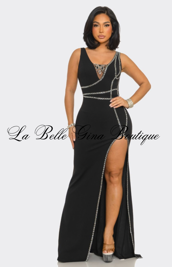 Diamond Allure Crystal Trim Maxi Dress – Elegant High Slit Evening Gown | La Belle Gina BoutiqueL