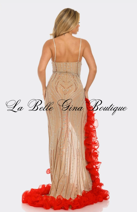 Scarlet Allure Rhinestone Mesh Gown with Red Ruffle Slit – Luxury Evening Dress