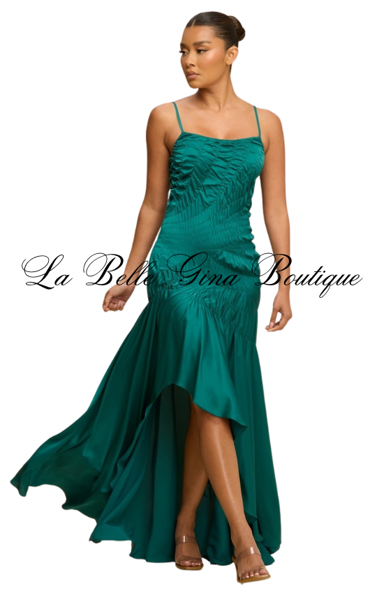 Silk Desire Ruched High-Low Maxi Dress – Elegant Satin Evening Dress | La Belle Gina Boutique
