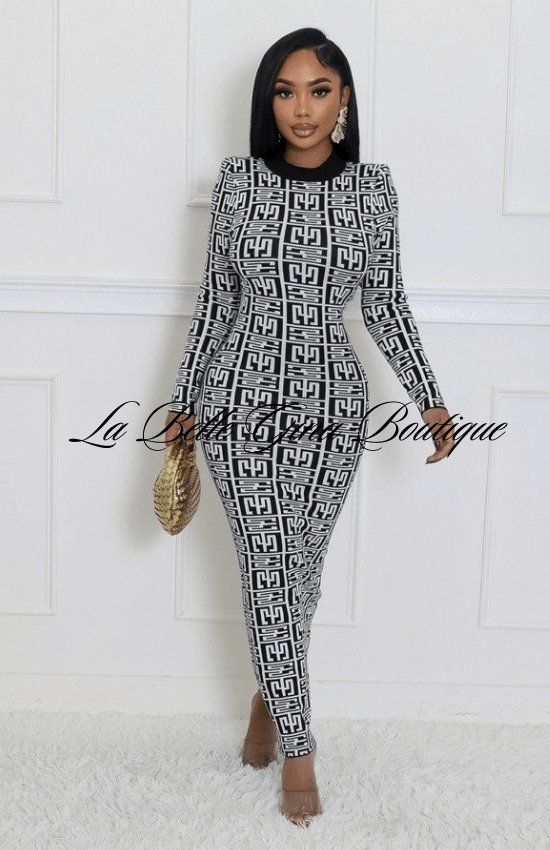 Gina Stretch Long Sleeves Open Back Maxi Dress-Black/White Black/White / Small Gina Stretch Long Sleeves Open Back Maxi Dress-Black/White Black/White / Small