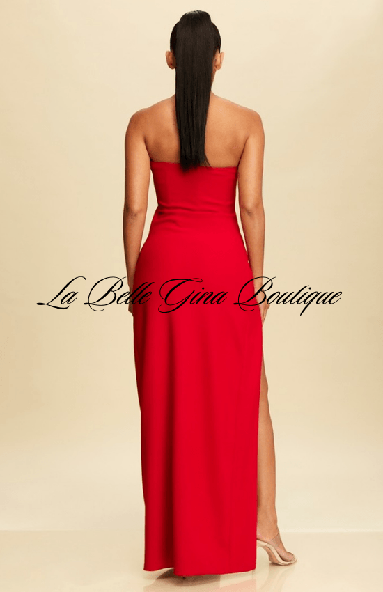 la belle red dress La Belle Embellished Wide Slit Maxi Dress in Red