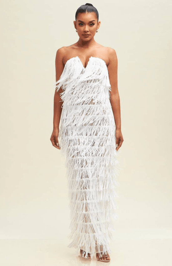 Gina Sequin Strapless V-Neck Fringe Maxi Dress-White – La Belle Gina Boutique Gina Sequin Strapless V-Neck Fringe Maxi Dress-White – La Belle Gina Boutique