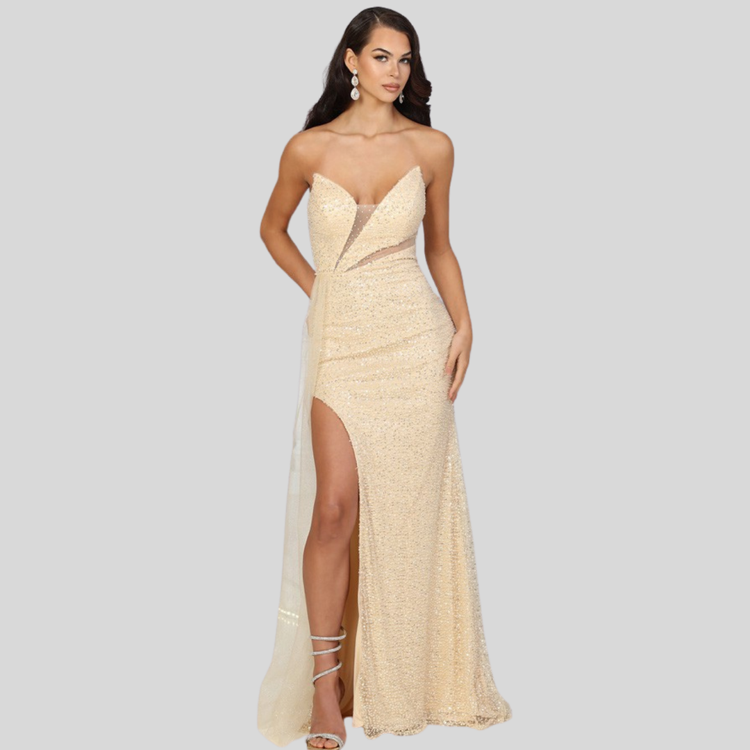 Sequin Strapless Slit Maxi Dress – Sparkling Evening Gown for Prom, Gala & Special Events