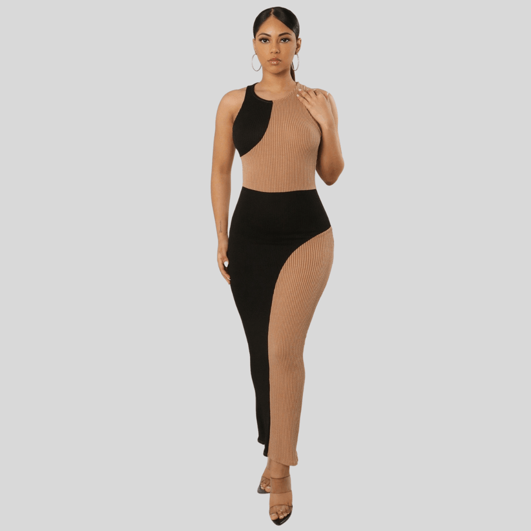 Lara Two Tone Color Block Ribbed Sleeveless Long Dress Casual Summer Maxi Bodycon Dress Black/Taupe / Small Lara Two Tone Color Block Ribbed Sleeveless Long Dress Casual Summer Maxi Bodycon Dress Black/Taupe / Small