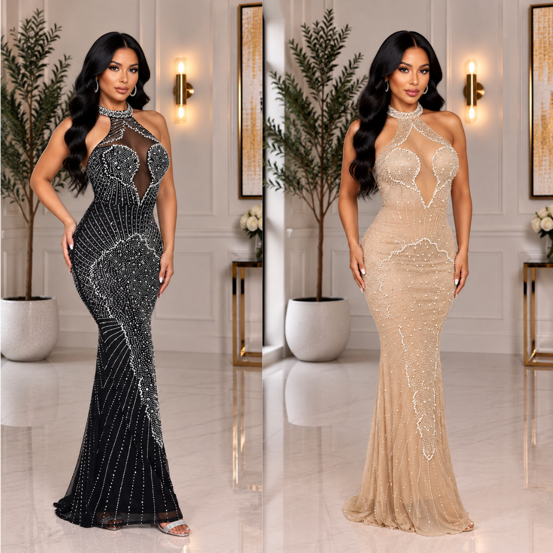 Rhinestone Mesh Corset Maxi Dress – Sparkly Crystal Gown with Sheer Details