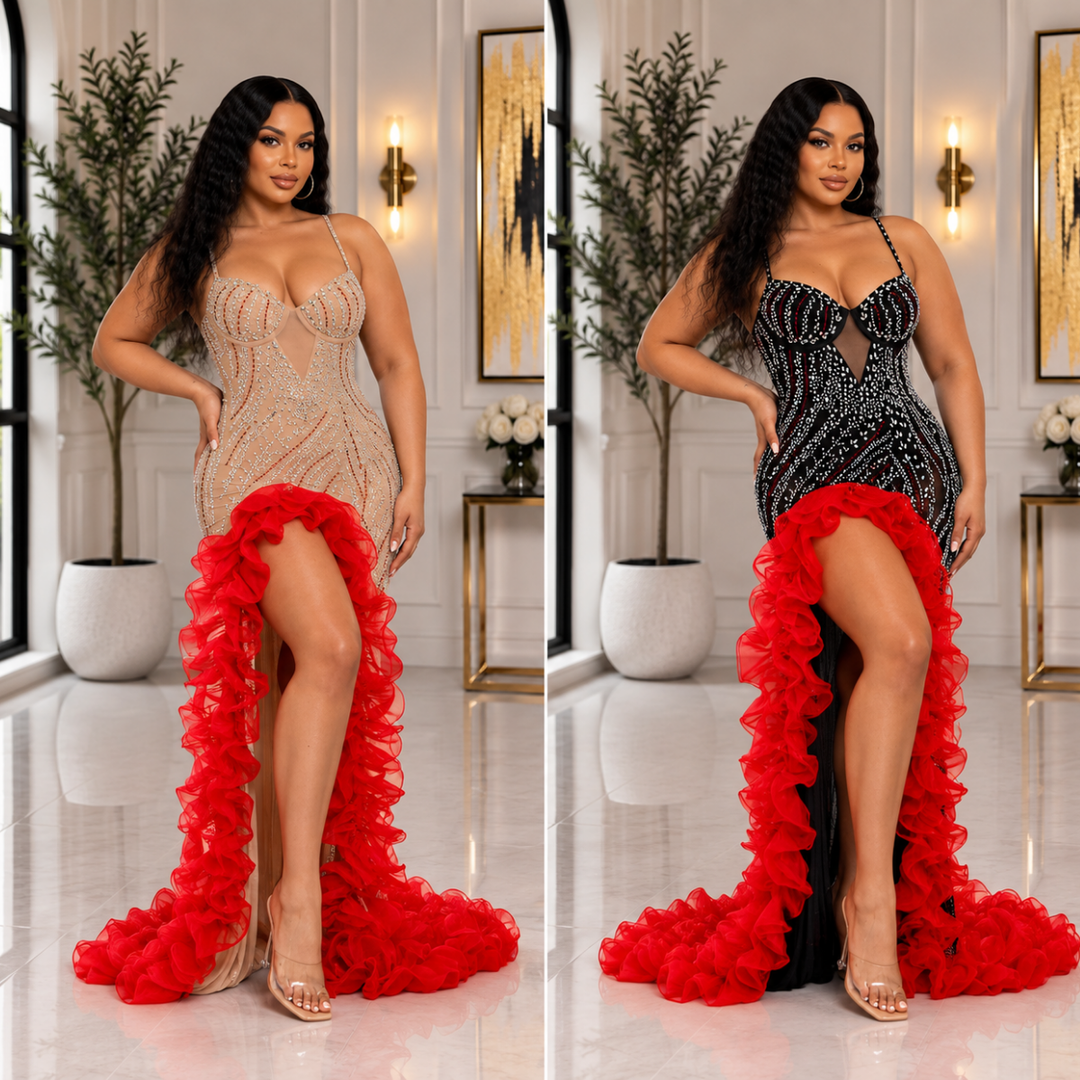 Scarlet Allure Rhinestone Mesh Gown with Red Ruffle Slit – Luxury Evening Dress