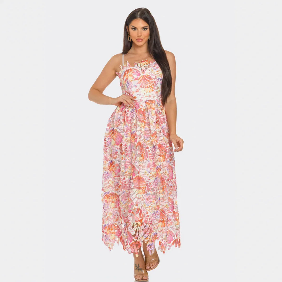 Floral Lace Maxi Dress – Summer Garden Party & Vacation Outfit.Pink Multi