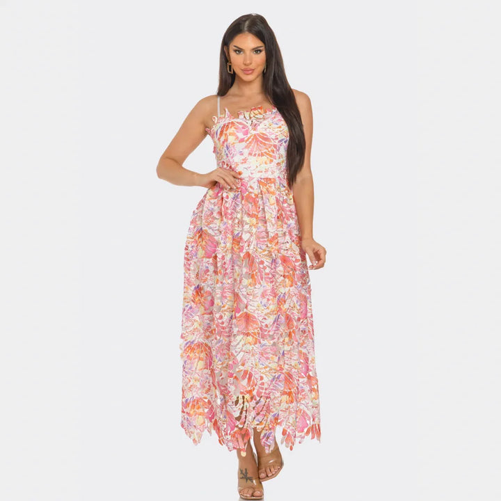 Floral Lace Maxi Dress – Summer Garden Party & Vacation Outfit.Pink Multi