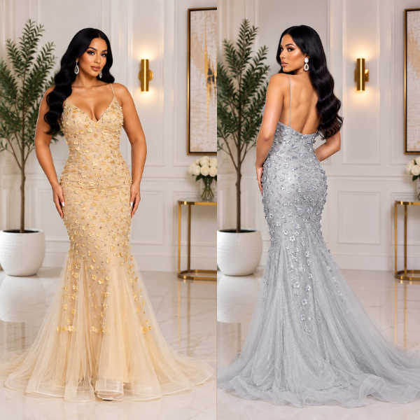 Celestial Bloom 3D Floral Mermaid Gown – Glitter Tulle V-Neck Formal Maxi Dress
