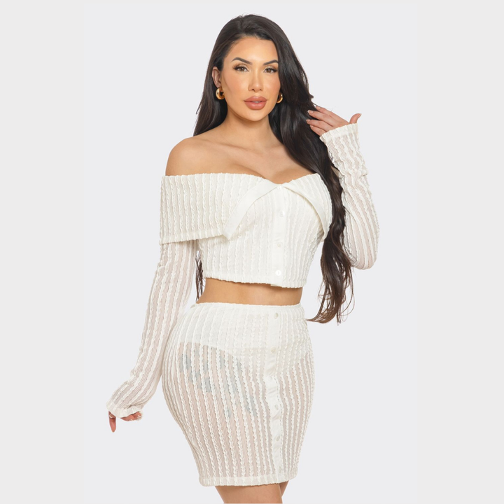 Midnight Muse Off-Shoulder Buttoned Two-Piece Mini Dress Set | Sexy Knit Skirt S