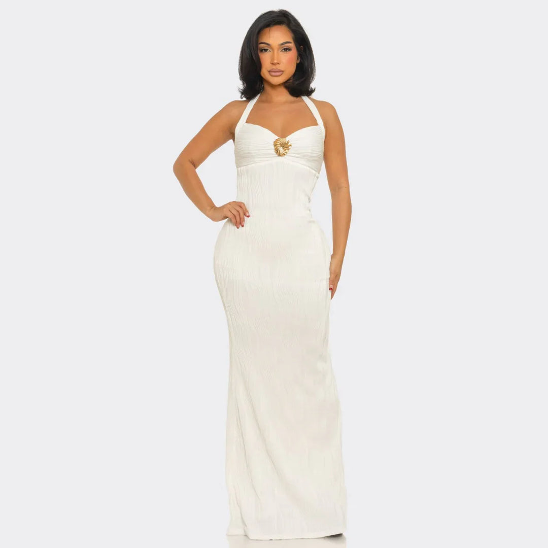 Golden Coast Halter Maxi Dress – Elegant Bodycon Resort Evening Dress | La Belle Gina Boutique