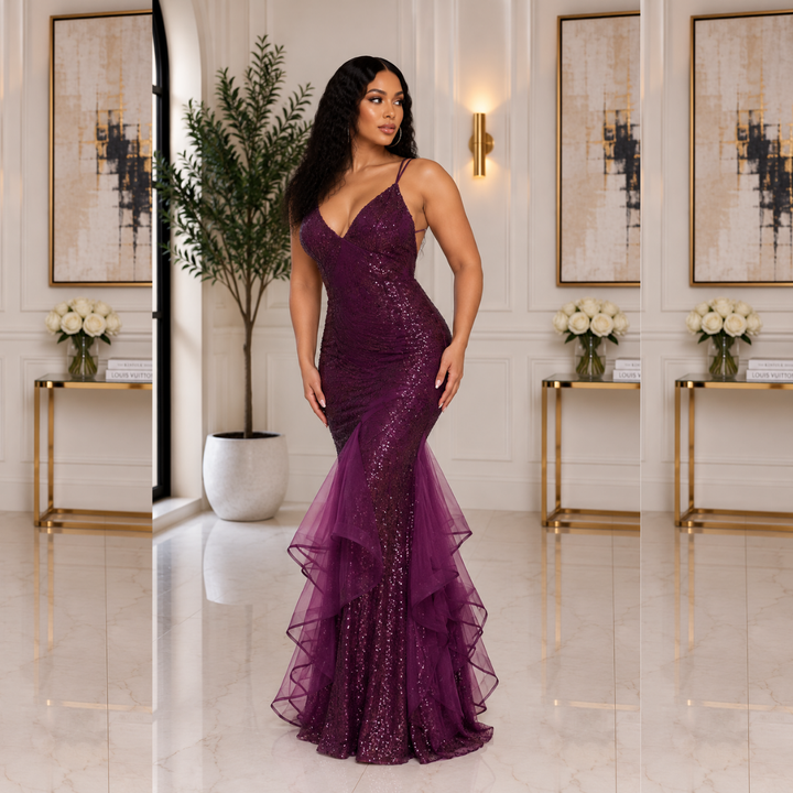 Lidia Glued Glitter Swirl Sleeveless Maxi Dress-Maroon