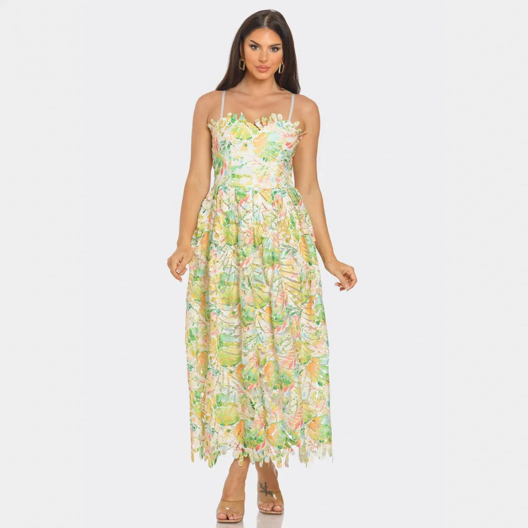 Floral Lace Maxi Dress – Summer Garden Party & Vacation Outfit.Green Multi