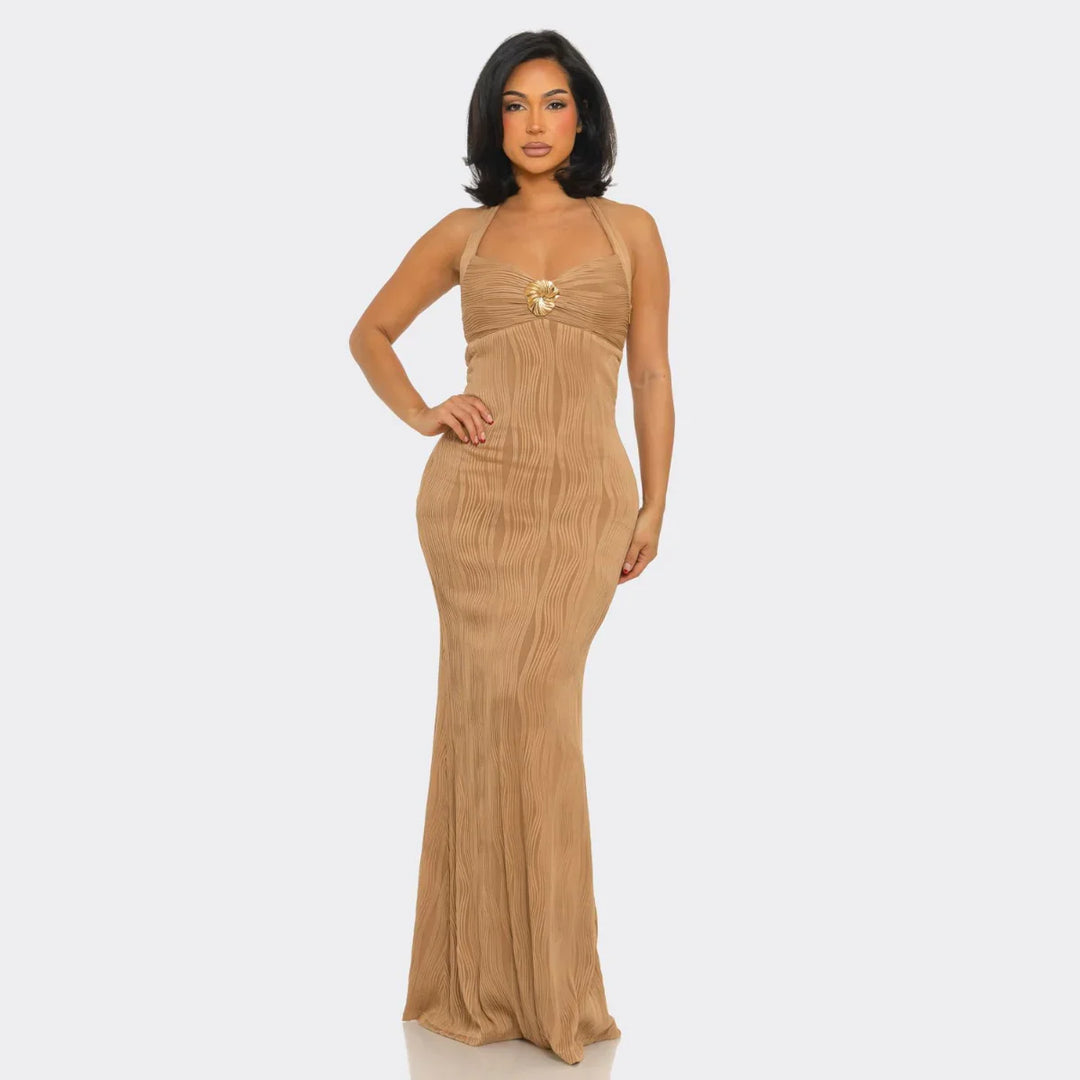 Golden Coast Halter Maxi Dress – Elegant Bodycon Resort Evening Dress | La Belle Gina Boutique