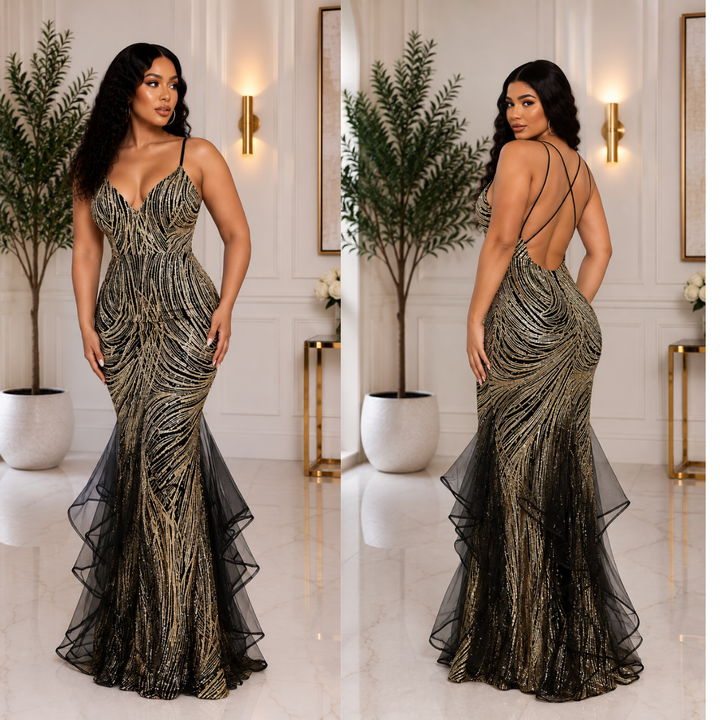 Lidia Glued Glitter Swirl Sleeveless Maxi Dress-Gold
