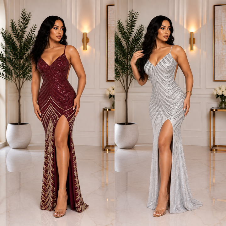 Djoune Ombre Sequin Chevron Pattern Open Back Maxi Dress-Silver