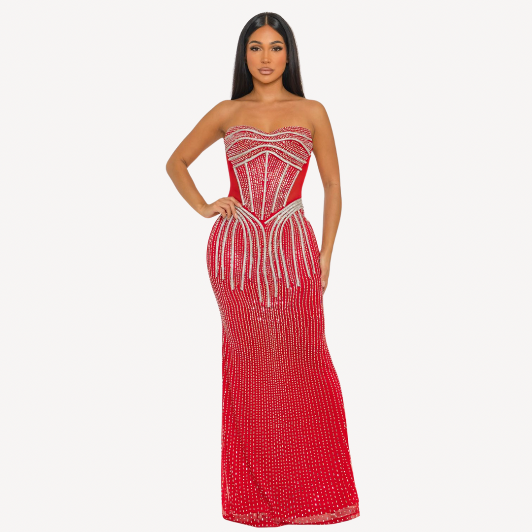 Rhinestone Corset Evening Gown – Sparkly Strapless Formal Dress | La Belle Gina Boutique