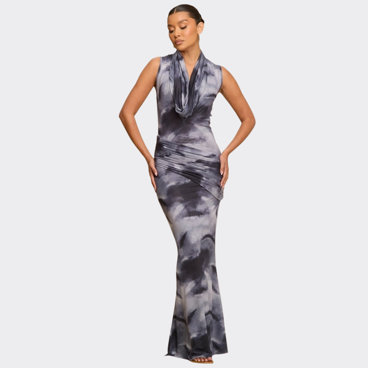 Desert Muse Tie-Dye Draped Maxi Dress – Elegant Bodycon Evening Dress for Women | La Belle Gina Boutique