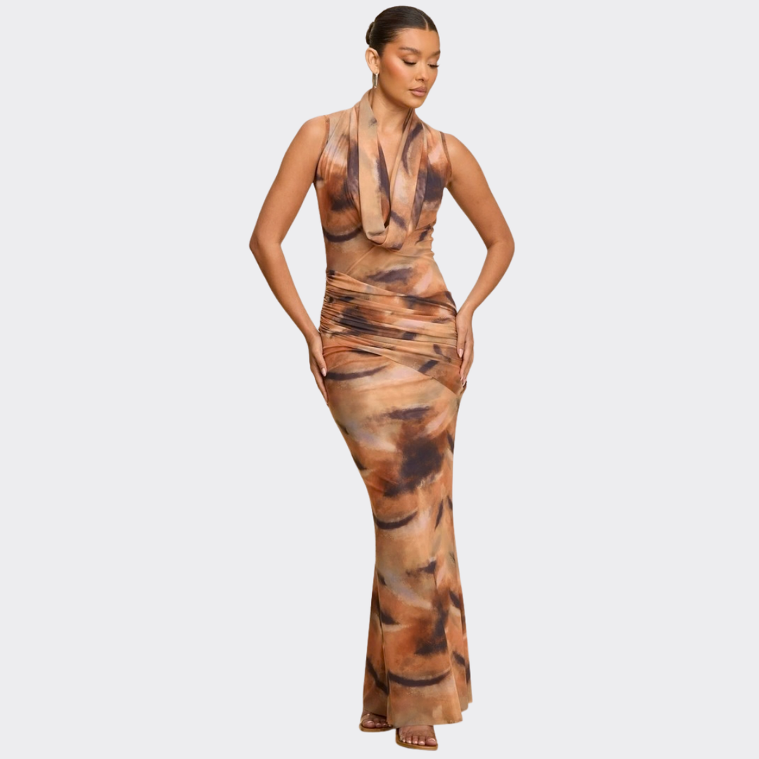 Desert Muse Tie-Dye Draped Maxi Dress – Elegant Bodycon Evening Dress for Women | La Belle Gina Boutique