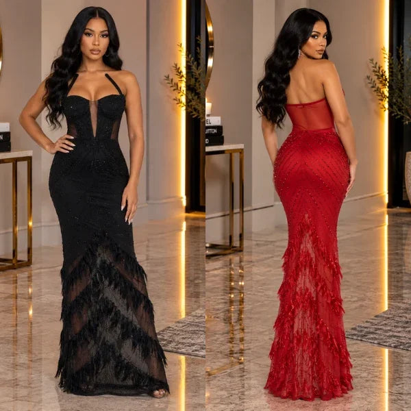 Rhinestone Corset Fringe Maxi Gown