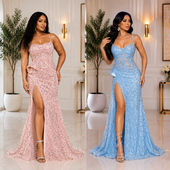 Blue Sequin Gown with High Slit – Elegant Evening Prom Dress