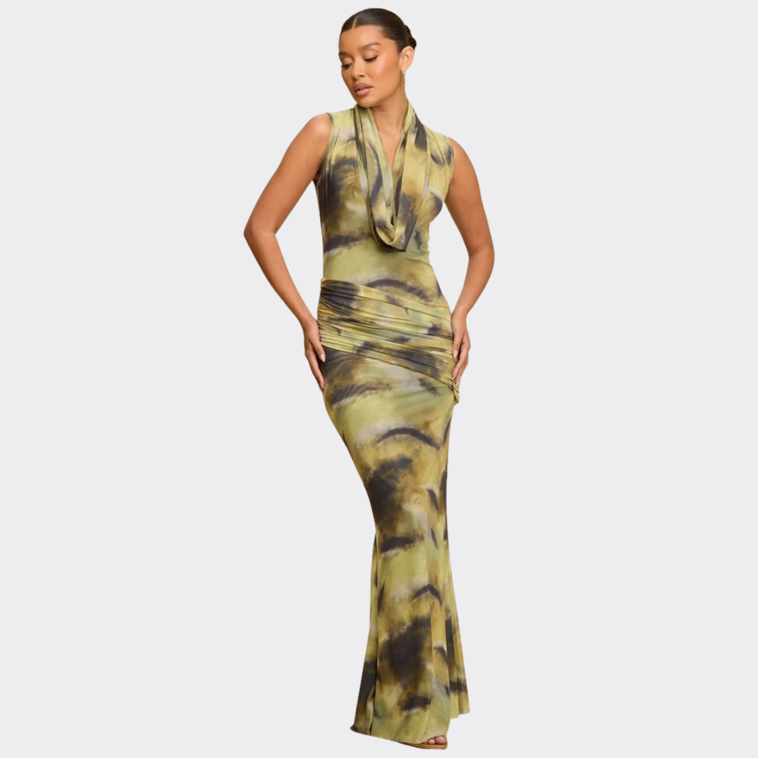 Desert Muse Tie-Dye Draped Maxi Dress – Elegant Bodycon Evening Dress for Women | La Belle Gina Boutique