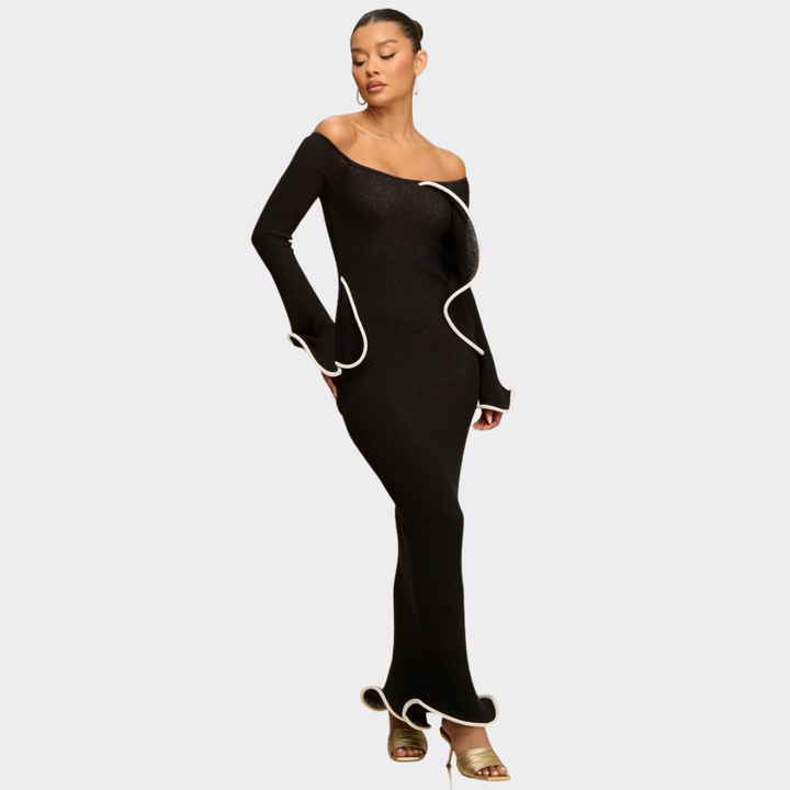 Midnight Elegance Off-Shoulder Ruffle Trim Maxi Dress – Luxury Black Bodycon Evening Gown | La Belle Gina Boutique