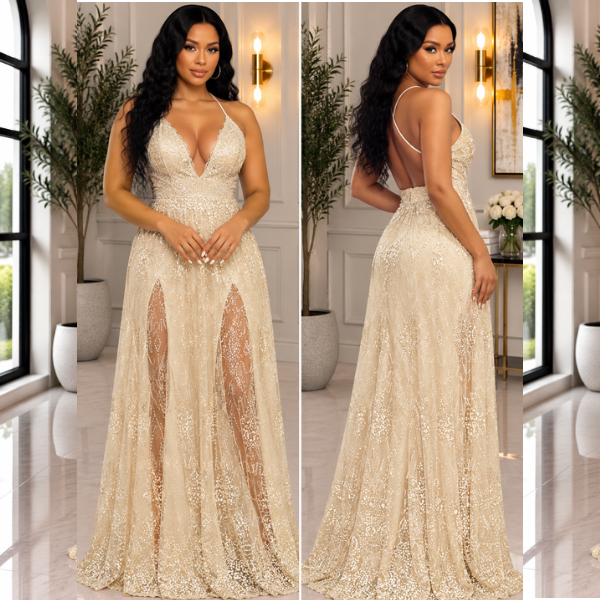 Sandy Glitter Floral Maxi Dress-Ivory