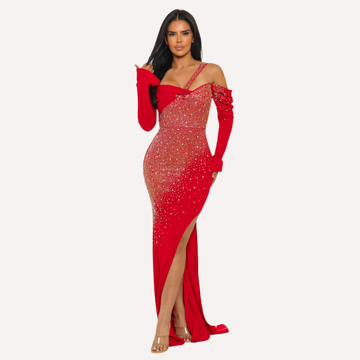 Red Off-Shoulder Rhinestone Gown – Luxury One-Sleeve Slit Evening Dress | La Belle Gina Boutique