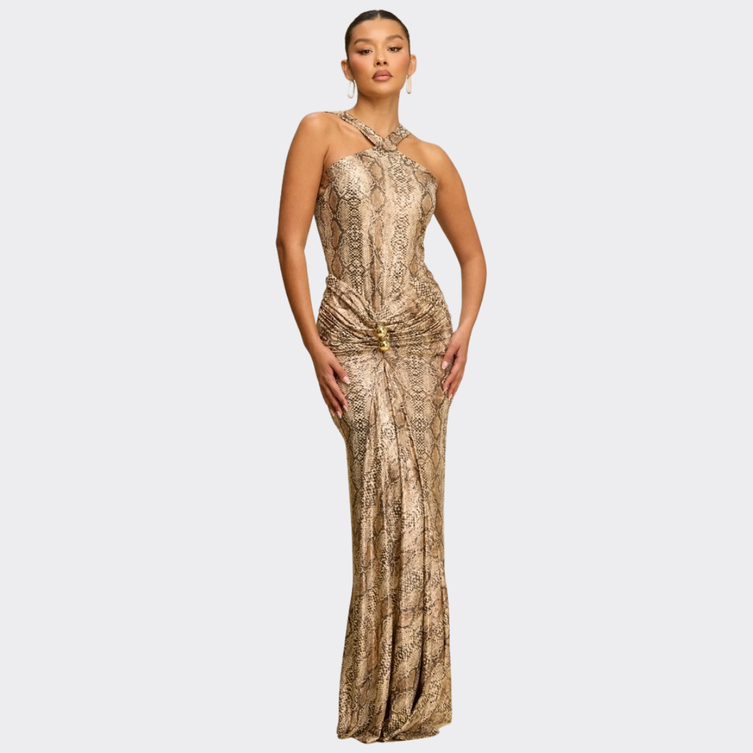 Golden Halter Maxi Dress – Luxury Bodycon Evening Gown for Women | La Belle Gina Boutique