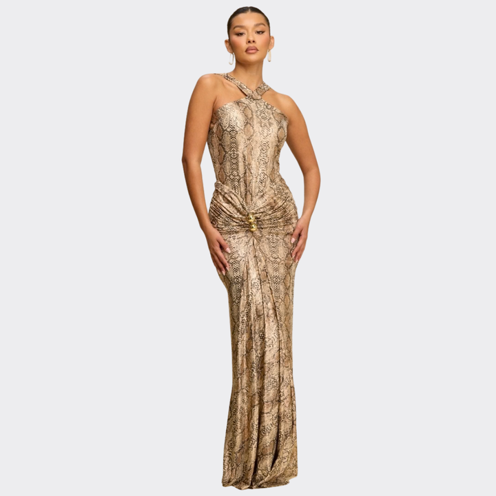 Golden Halter Maxi Dress – Luxury Bodycon Evening Gown for Women | La Belle Gina Boutique