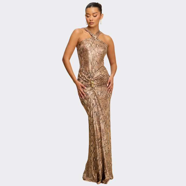 Golden Halter Maxi Dress – Luxury Bodycon Evening Gown for Women | La Belle Gina Boutique
