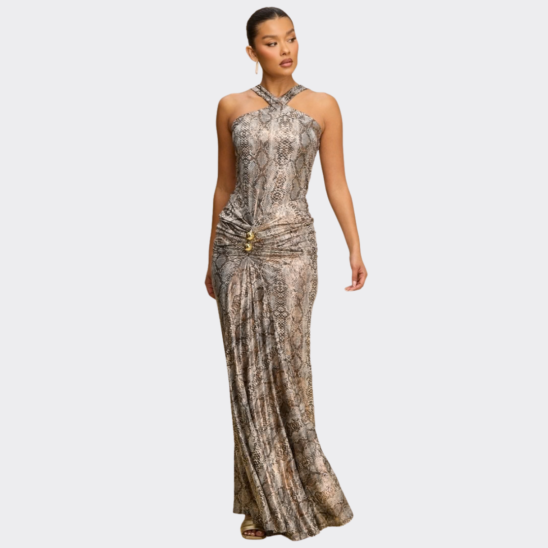 Golden Halter Maxi Dress – Luxury Bodycon Evening Gown for Women | La Belle Gina Boutique