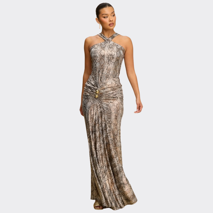 Golden Halter Maxi Dress – Luxury Bodycon Evening Gown for Women | La Belle Gina Boutique